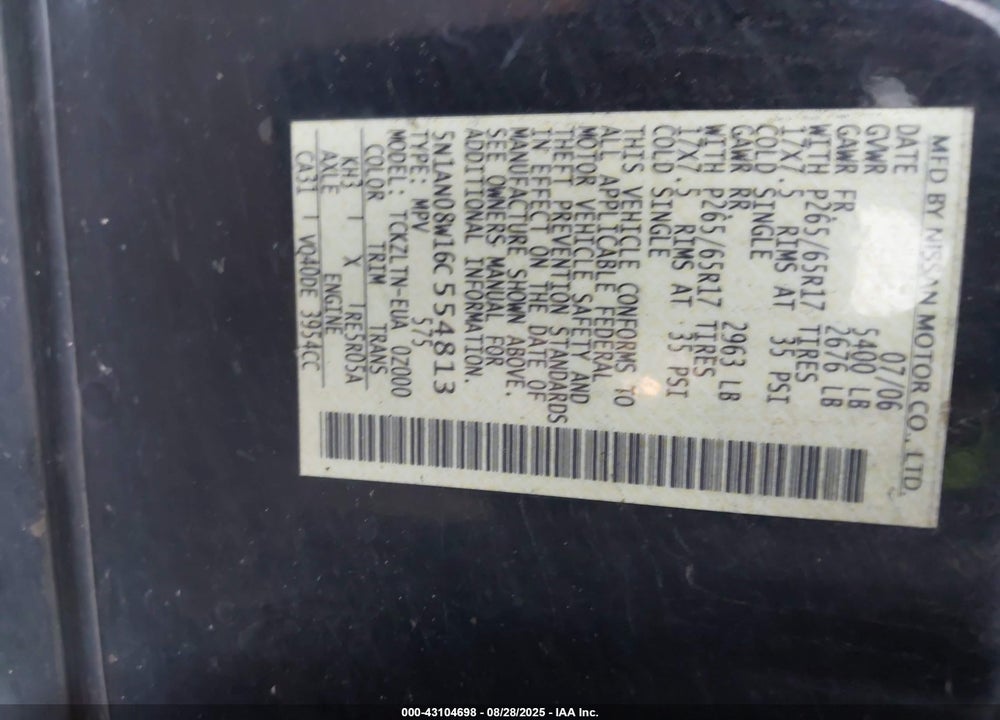 2006 NISSAN XTERRA SE VIN: 5N1AN08W16C554813