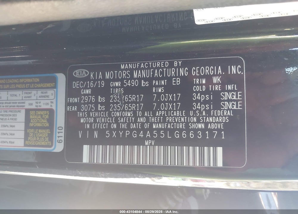 2020 KIA SORENTO VIN: 5XYPG4A55LG663171