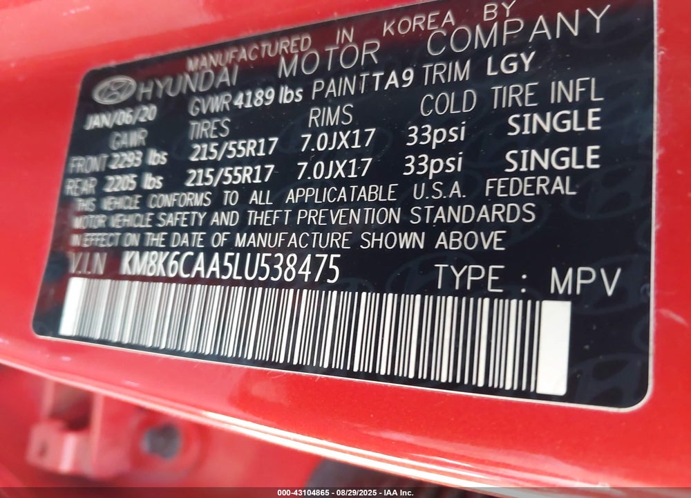 2020 HYUNDAI KONA VIN: KM8K6CAA5LU538475
