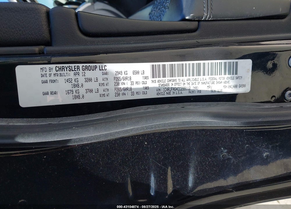2012 JEEP GRAND CHEROKEE VIN: 1C4RJFAG4CC299112