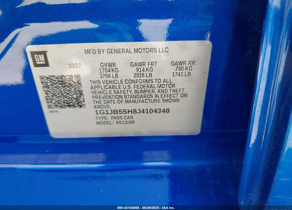 2018 CHEVROLET SONIC VIN: 1G1JB5SH8J4104348