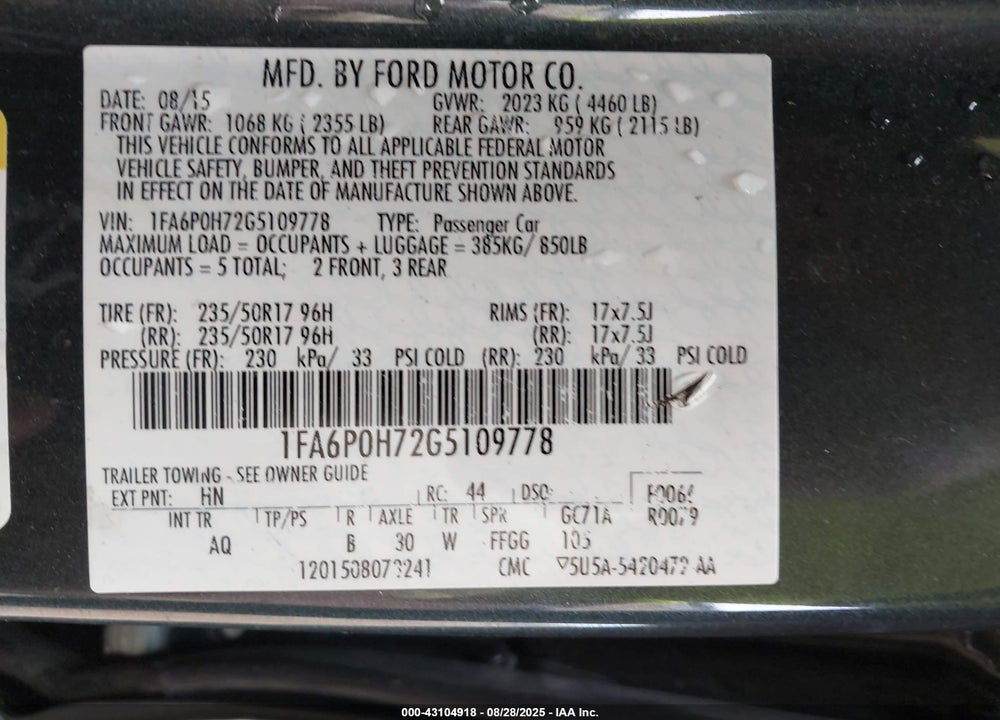 2016 FORD FUSION VIN: 1FA6P0H72G5109778