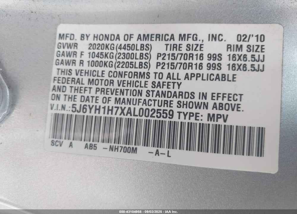 2010 HONDA ELEMENT VIN: 5J6YH1H7XAL002559