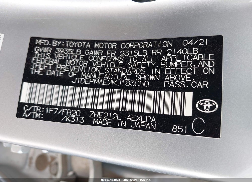 2021 TOYOTA COROLLA VIN: JTDEPMAE2MJ183050