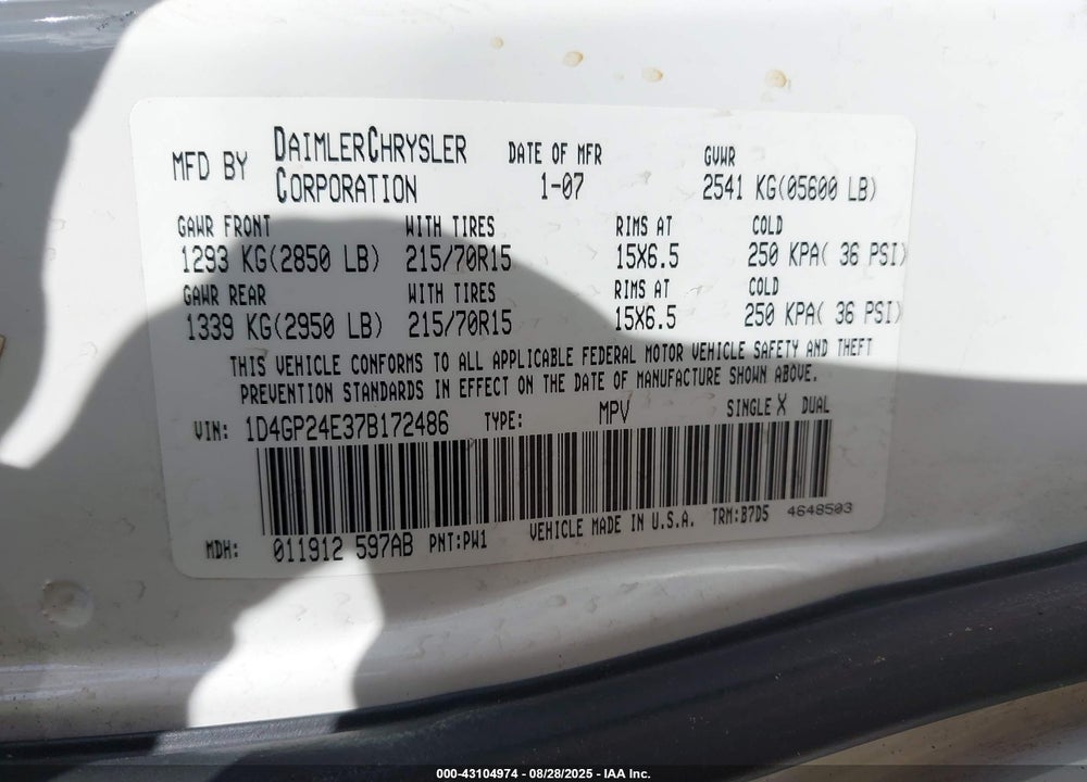 2007 DODGE GRAND CARAVAN SE VIN: 1D4GP24E37B172486