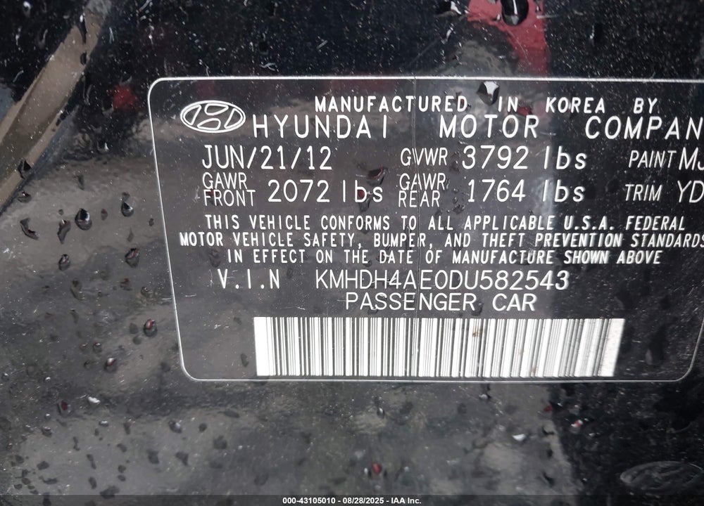 2013 HYUNDAI ELANTRA VIN: KMHDH4AE0DU582543