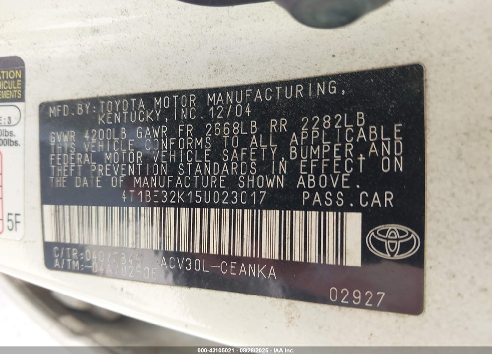 2005 TOYOTA CAMRY LE VIN: 4T1BE32K15U023017