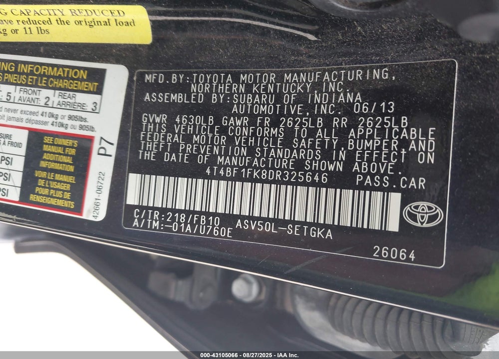 2013 TOYOTA CAMRY XLE VIN: 4T4BF1FK8DR325646
