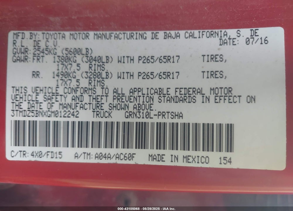 2016 TOYOTA TACOMA VIN: 3TMDZ5BNXGM012242