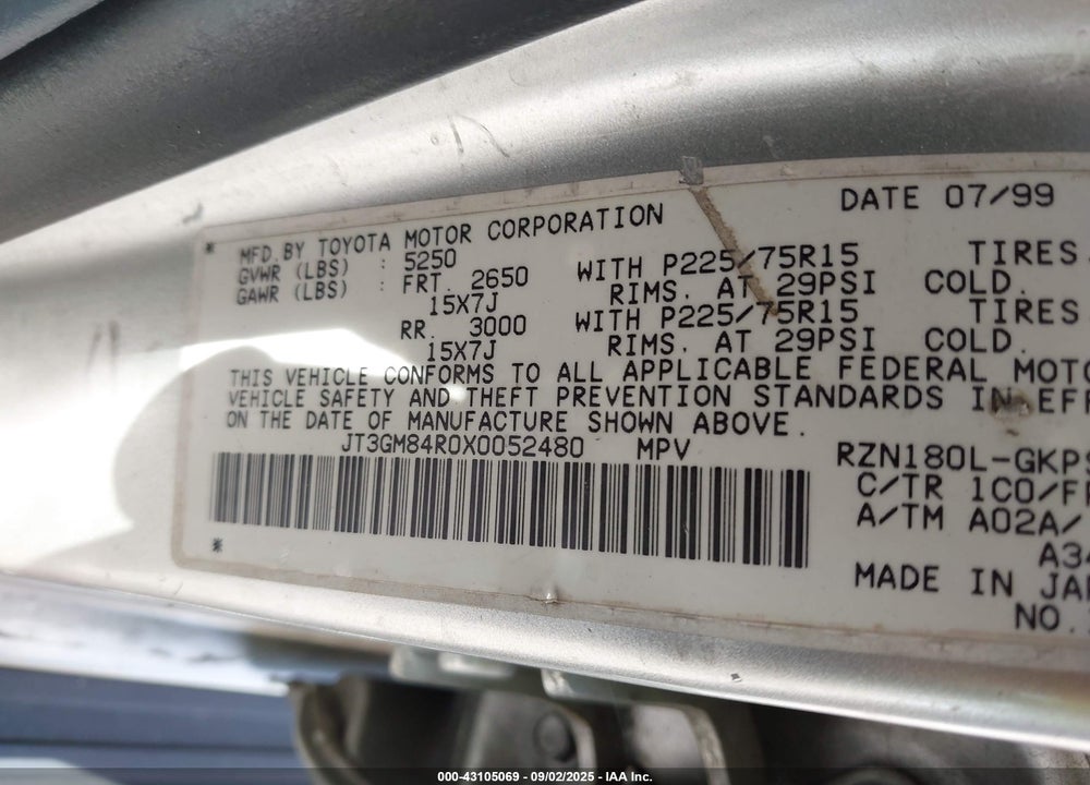 1999 TOYOTA 4RUNNER VIN: JT3GM84R0X0052480
