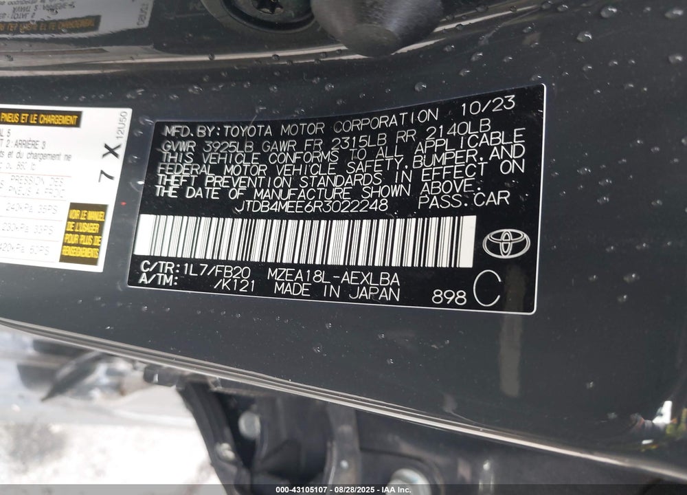2024 TOYOTA COROLLA VIN: JTDB4MEE6R3022248
