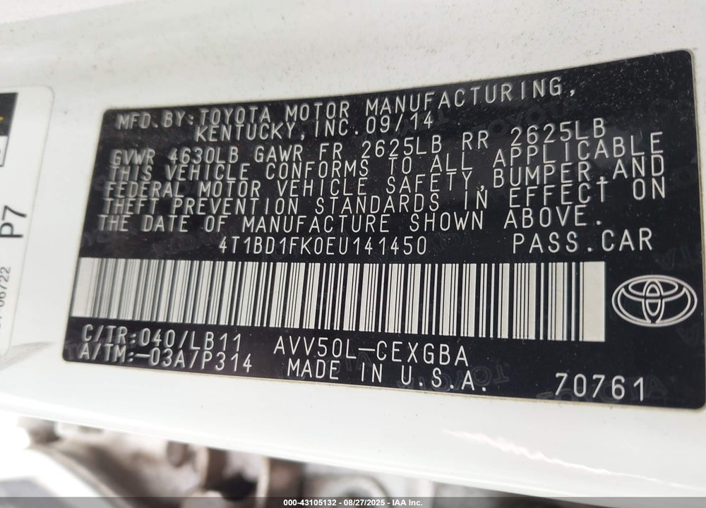 2014 TOYOTA CAMRY HYBRID VIN: 4T1BD1FK0EU141450