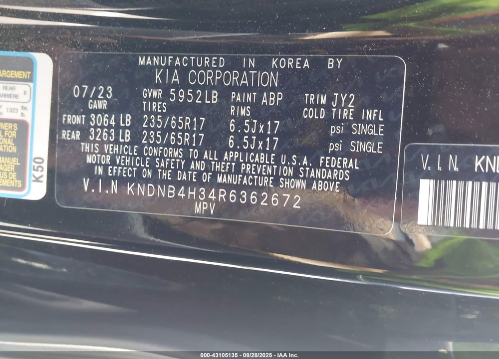2024 KIA CARNIVAL MPV LX SEAT PACKAGE VIN: KNDNB4H34R6362672