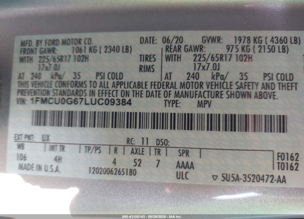 2020 FORD ESCAPE VIN: 1FMCU0G67LUC09384