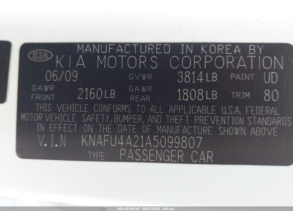 2010 KIA FORTE VIN: KNAFU4A21A5099807