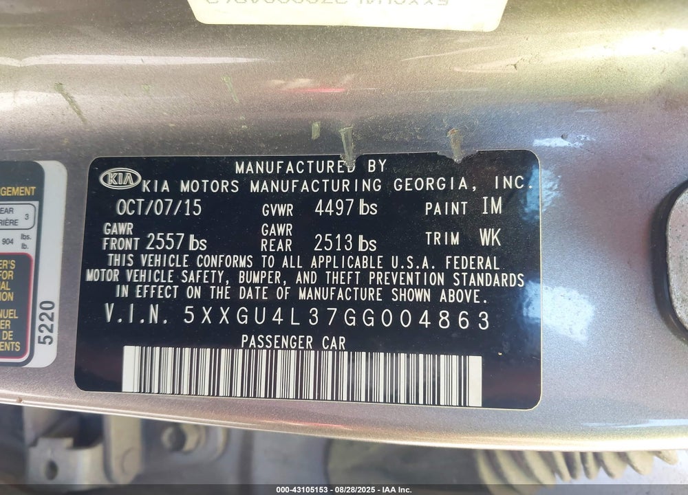 2016 KIA OPTIMA VIN: 5XXGU4L37GG004863