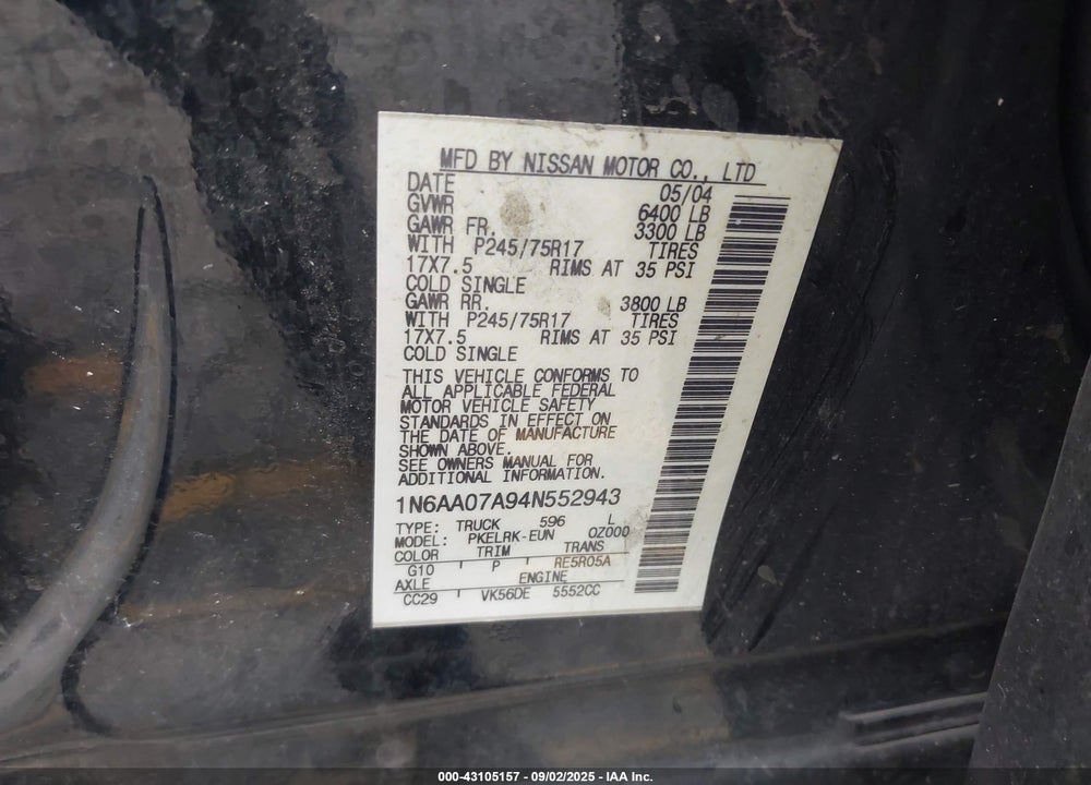 2004 NISSAN TITAN XE VIN: 1N6AA07A94N552943