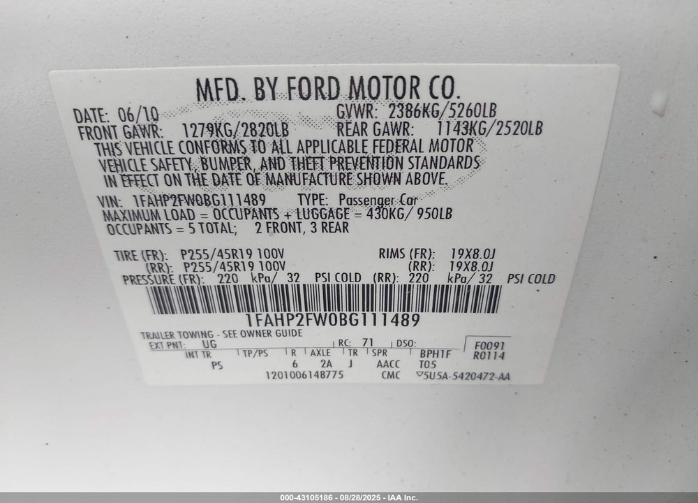 2011 FORD TAURUS VIN: 1FAHP2FW0BG111489
