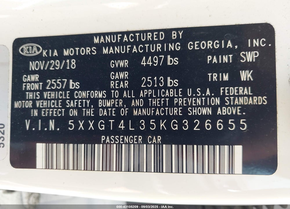 2019 KIA OPTIMA S VIN: 5XXGT4L35KG326655