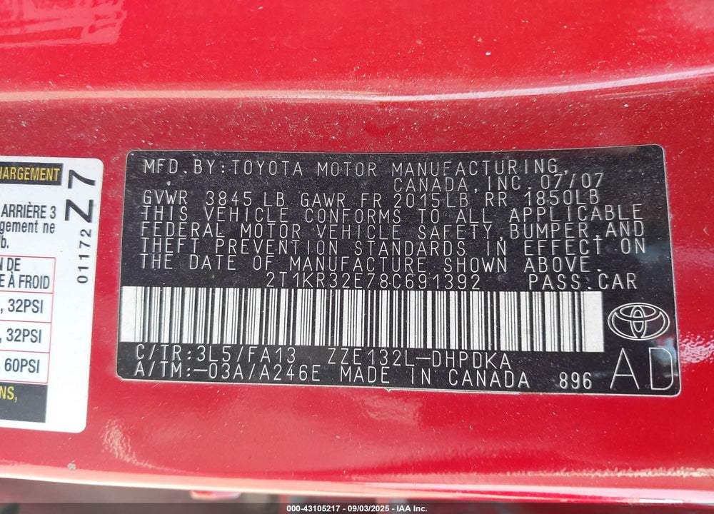 2008 TOYOTA MATRIX VIN: 2T1KR32E78C691392