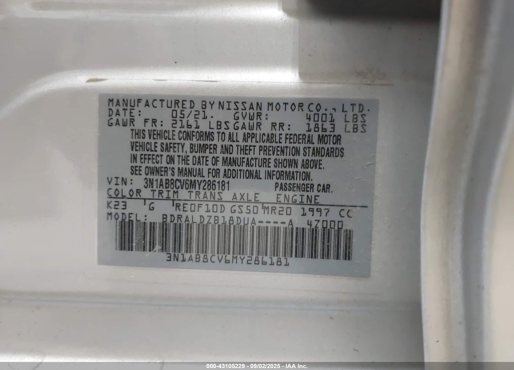 2021 NISSAN SENTRA VIN: 3N1AB8CV6MY286181