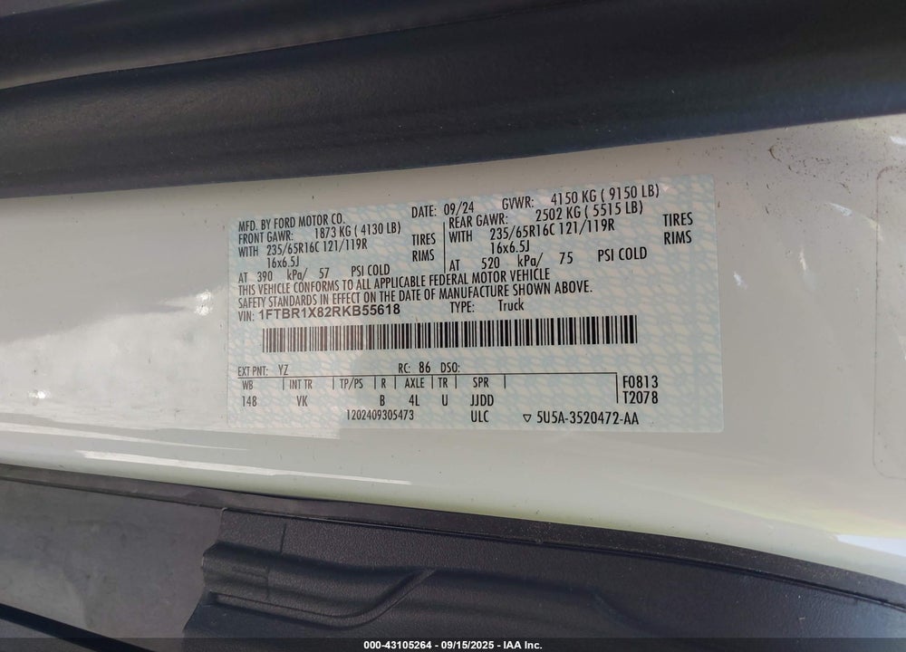 2024 FORD TRANSIT-250 VIN: 1FTBR1X82RKB55618