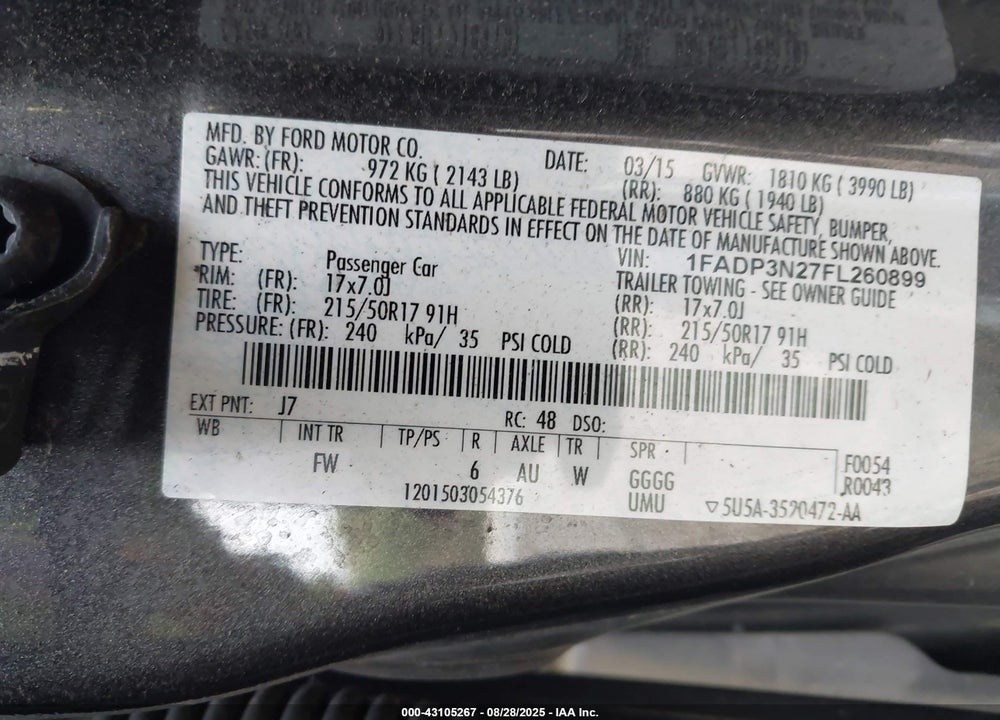 2015 FORD FOCUS VIN: 1FADP3N27FL260899