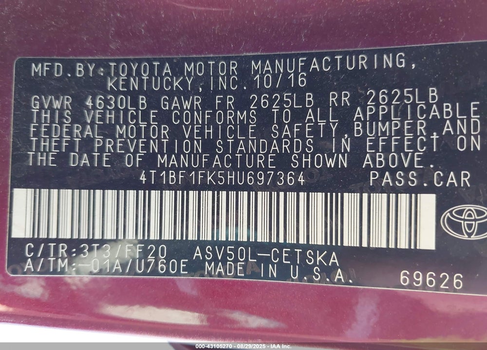 2017 TOYOTA CAMRY VIN: 4T1BF1FK5HU697364