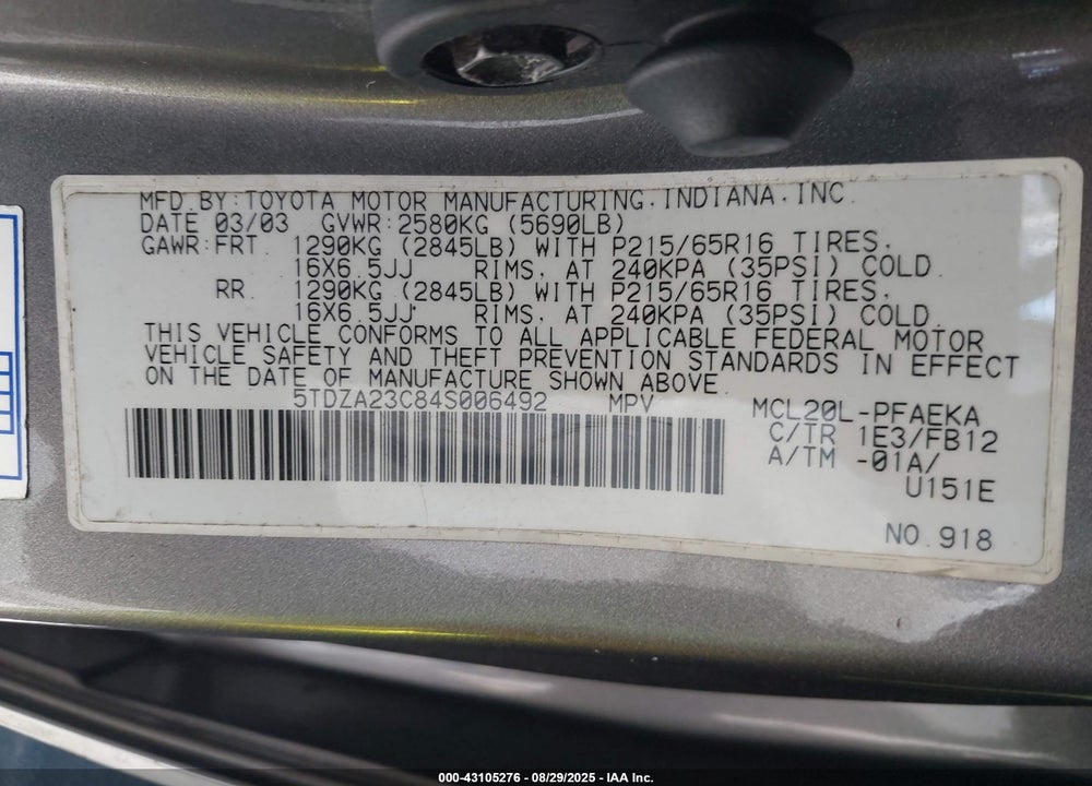 2004 TOYOTA SIENNA LE VIN: 5TDZA23C84S006492