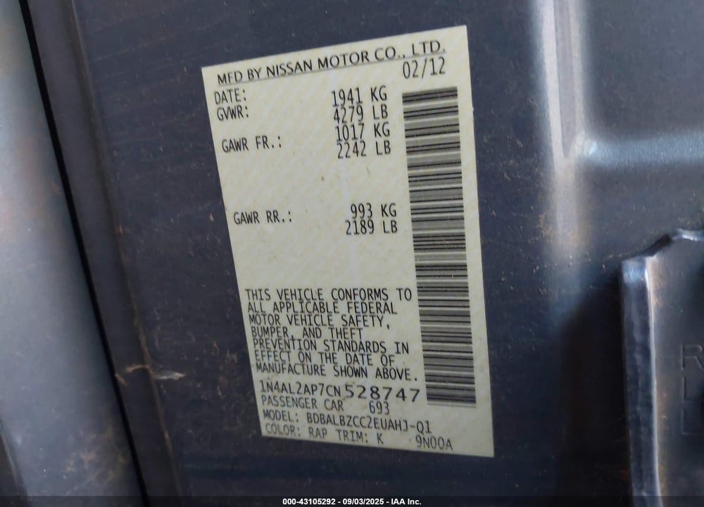 2012 NISSAN ALTIMA VIN: 1N4AL2AP7CN528747