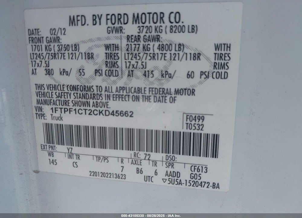 2012 FORD F150 VIN: 1FTPF1CT2CKD45662