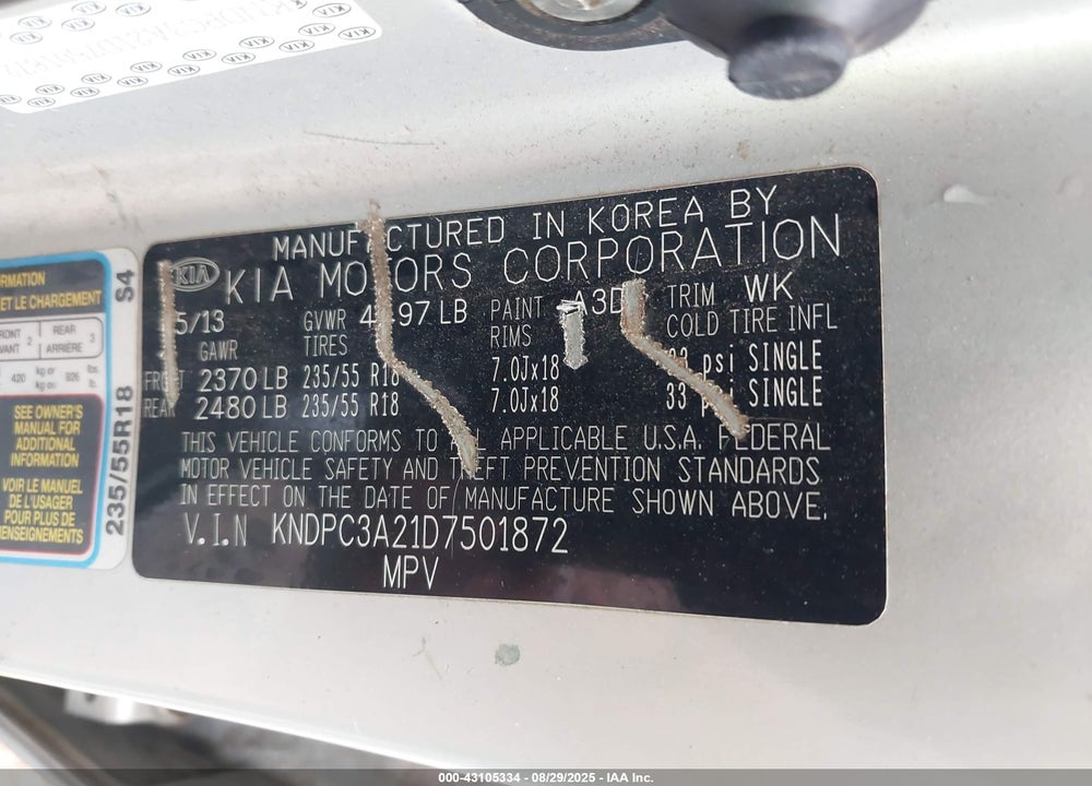 2013 KIA SPORTAGE VIN: KNDPC3A21D7501872