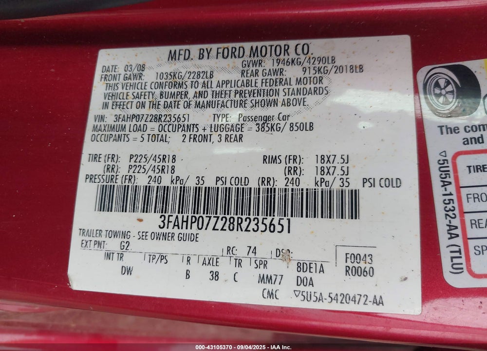 2008 FORD FUSION VIN: 3FAHP07Z28R235651