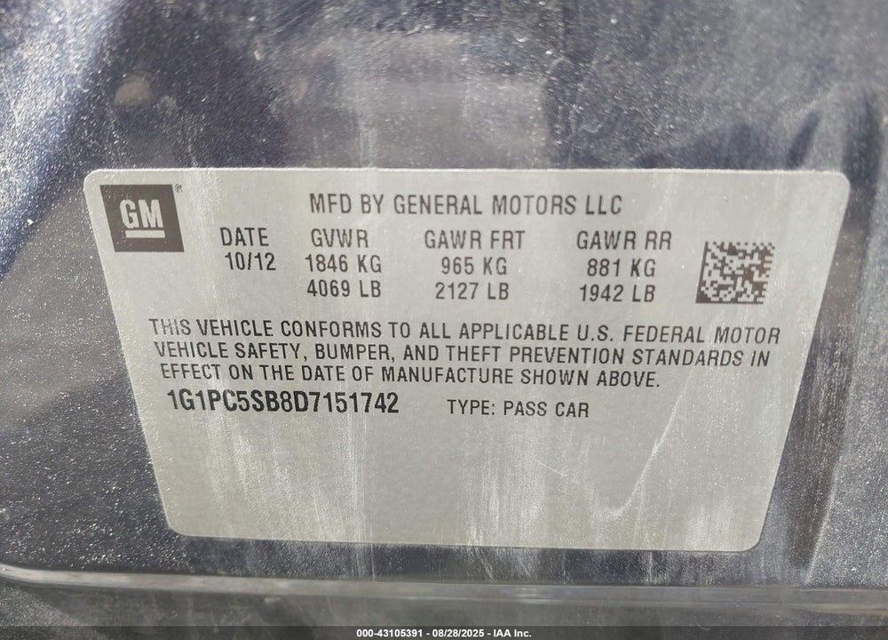 2013 CHEVROLET CRUZE VIN: 1G1PC5SB8D7151742