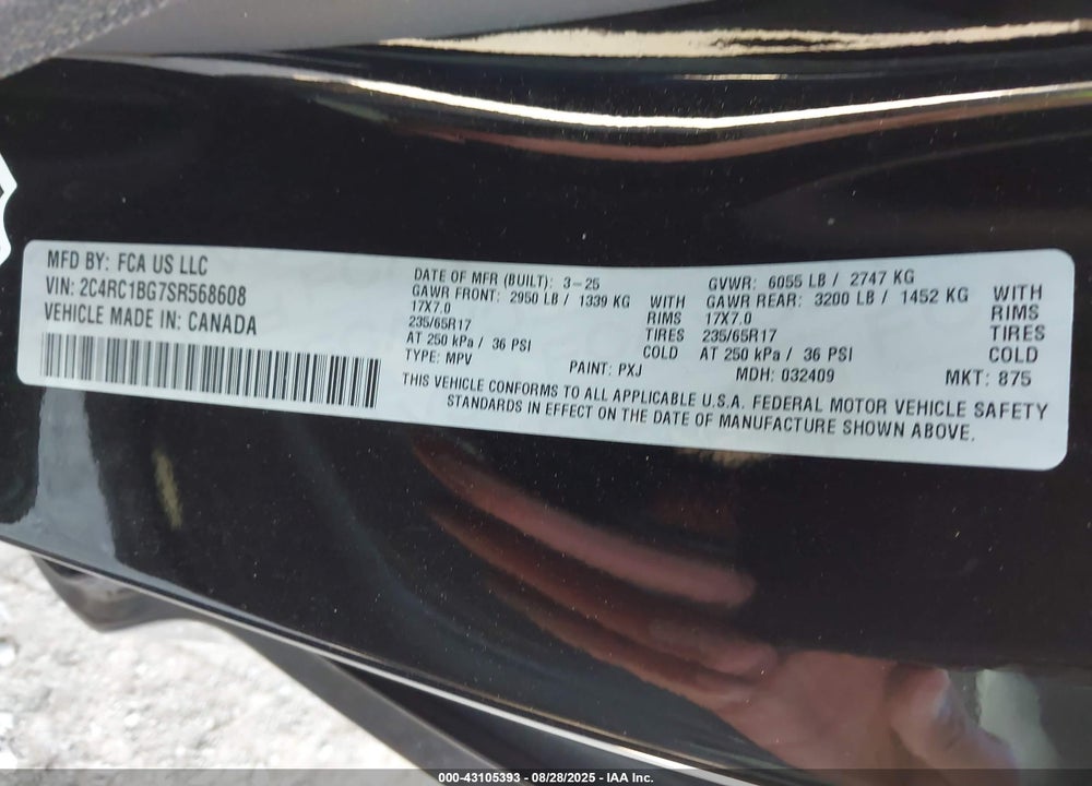 2025 CHRYSLER PACIFICA SELECT VIN: 2C4RC1BG7SR568608