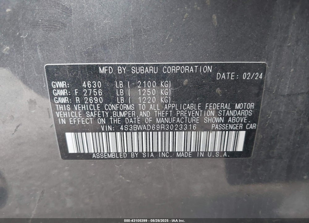 2024 SUBARU LEGACY VIN: 4S3BWAD69R3023316