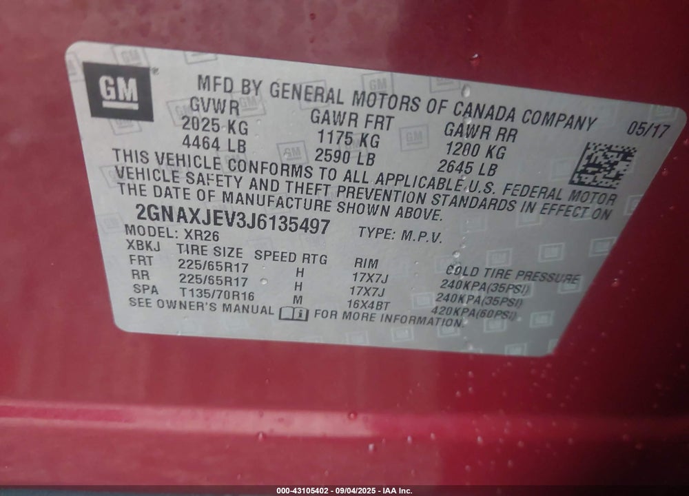 2018 CHEVROLET EQUINOX VIN: 2GNAXJEV3J6135497