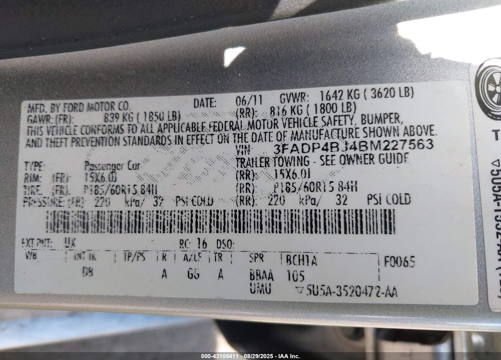 2011 FORD FIESTA VIN: 3FADP4BJ4BM227563