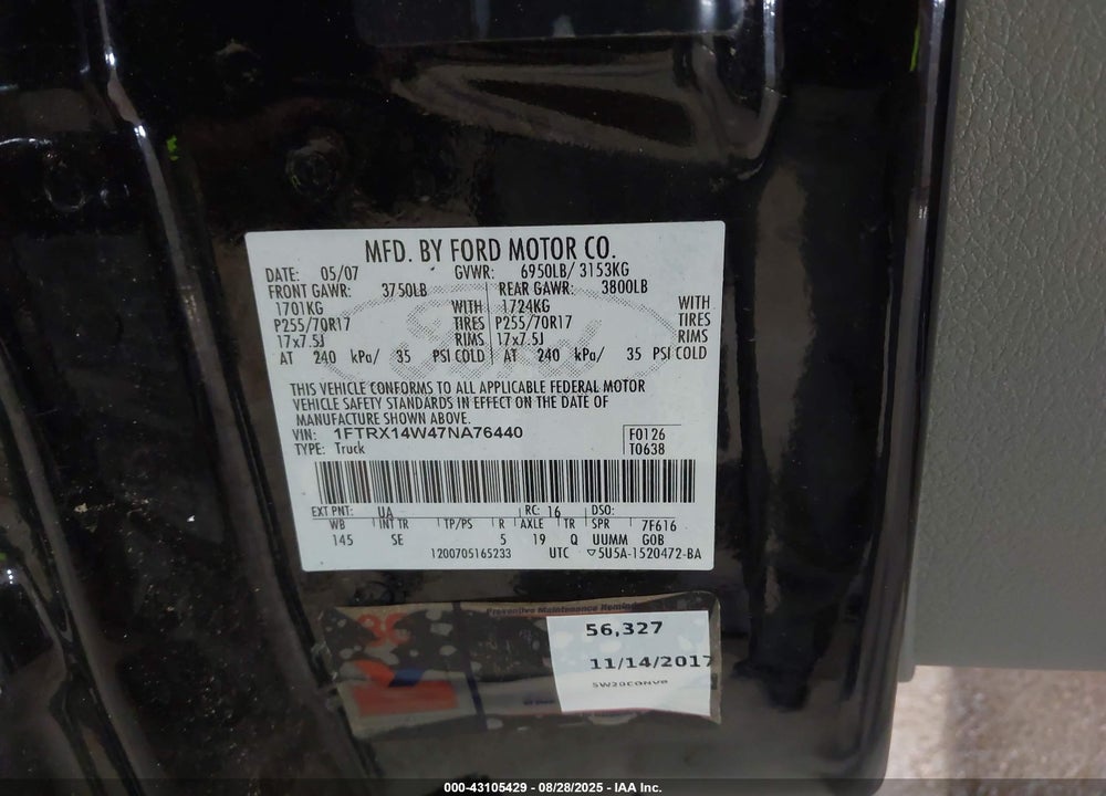 2007 FORD F-150 VIN: 1FTRX14W47NA76440