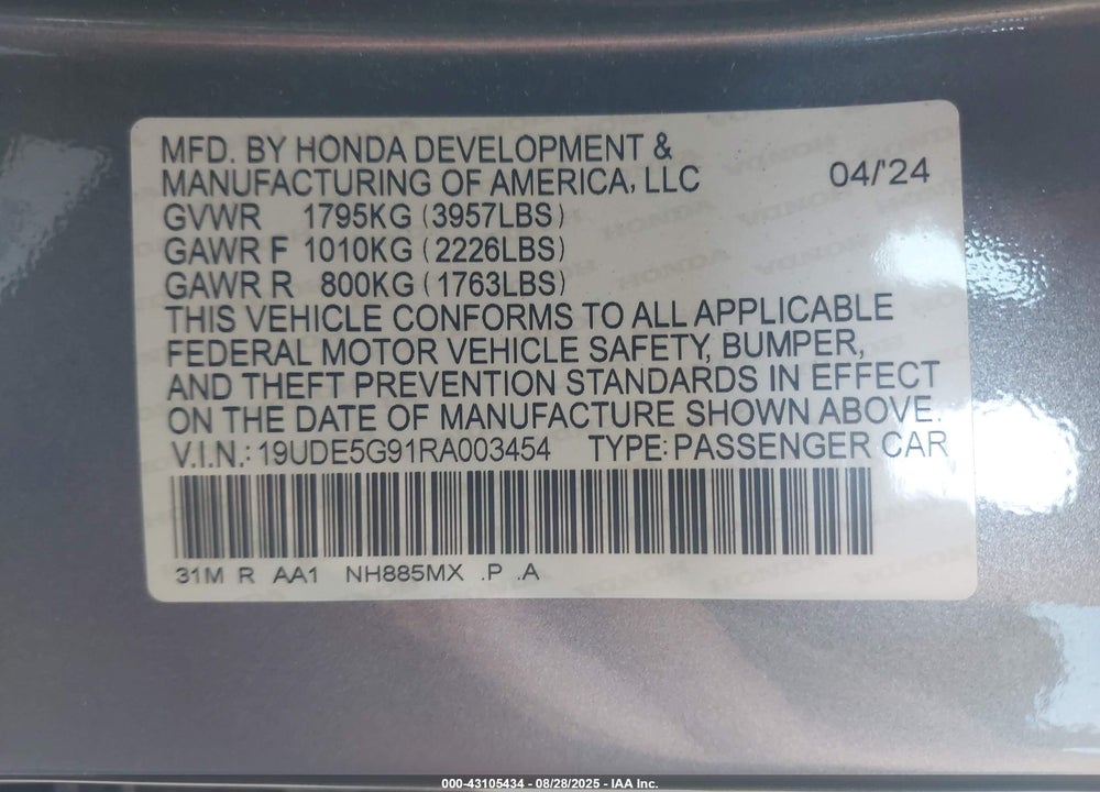 2024 ACURA INTEGRA VIN: 19UDE5G91RA003454