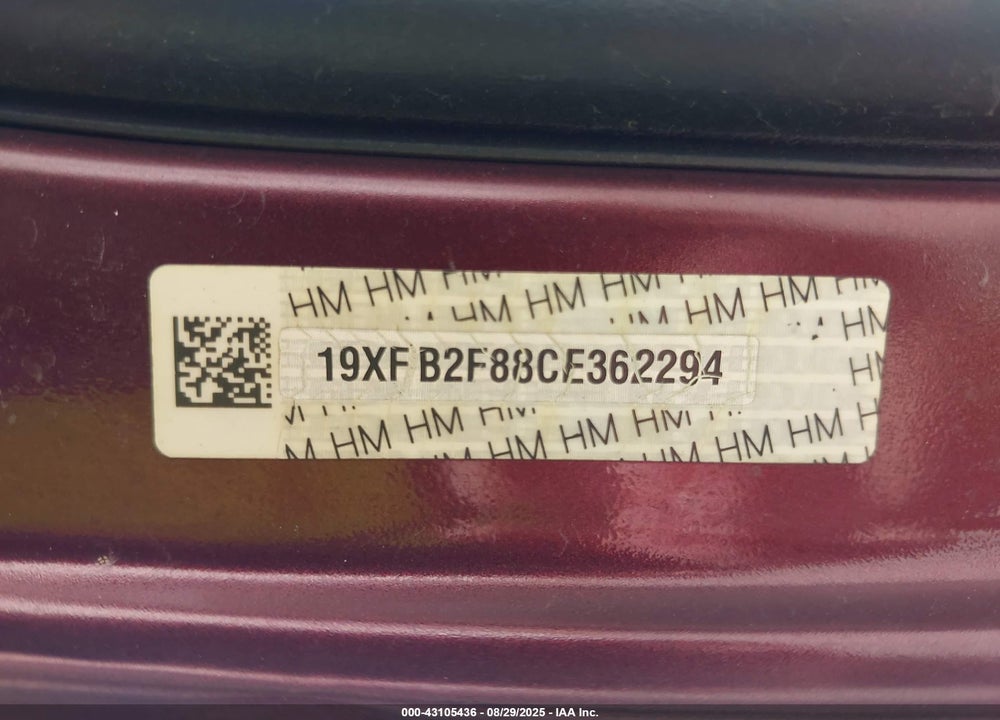 2012 HONDA CIVIC VIN: 19XFB2F88CE362294