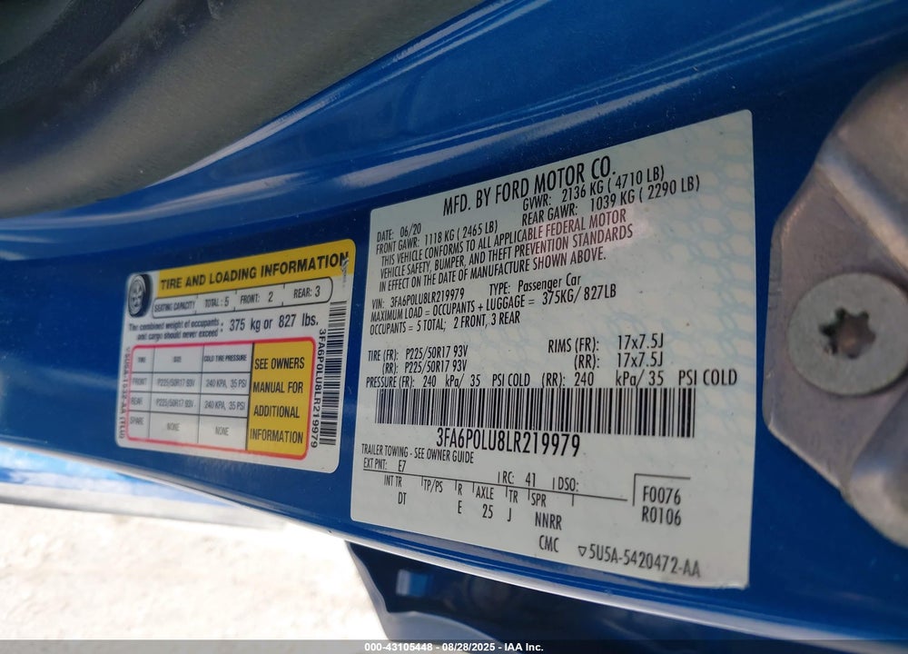 2020 FORD FUSION VIN: 3FA6P0LU8LR219979