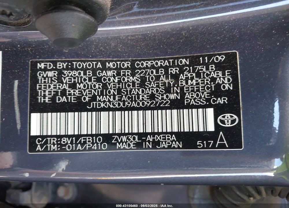 2010 TOYOTA PRIUS II VIN: JTDKN3DU9A0092722