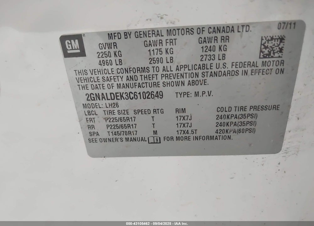 2012 CHEVROLET EQUINOX VIN: 2GNALDEK3C6102649