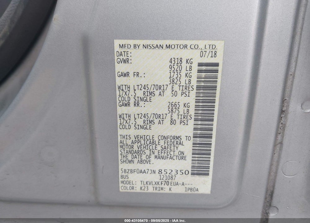 2018 NISSAN NV PASSENGER NV3500 HD SV V6 VIN: 5BZBF0AA7JN852350