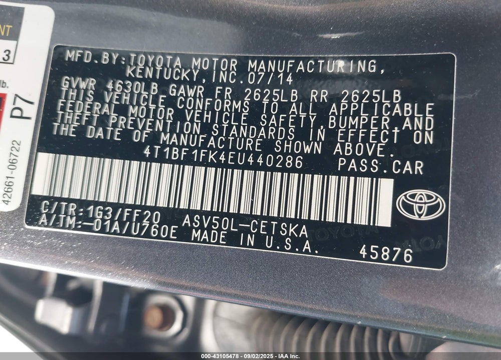 2014 TOYOTA CAMRY VIN: 4T1BF1FK4EU440286