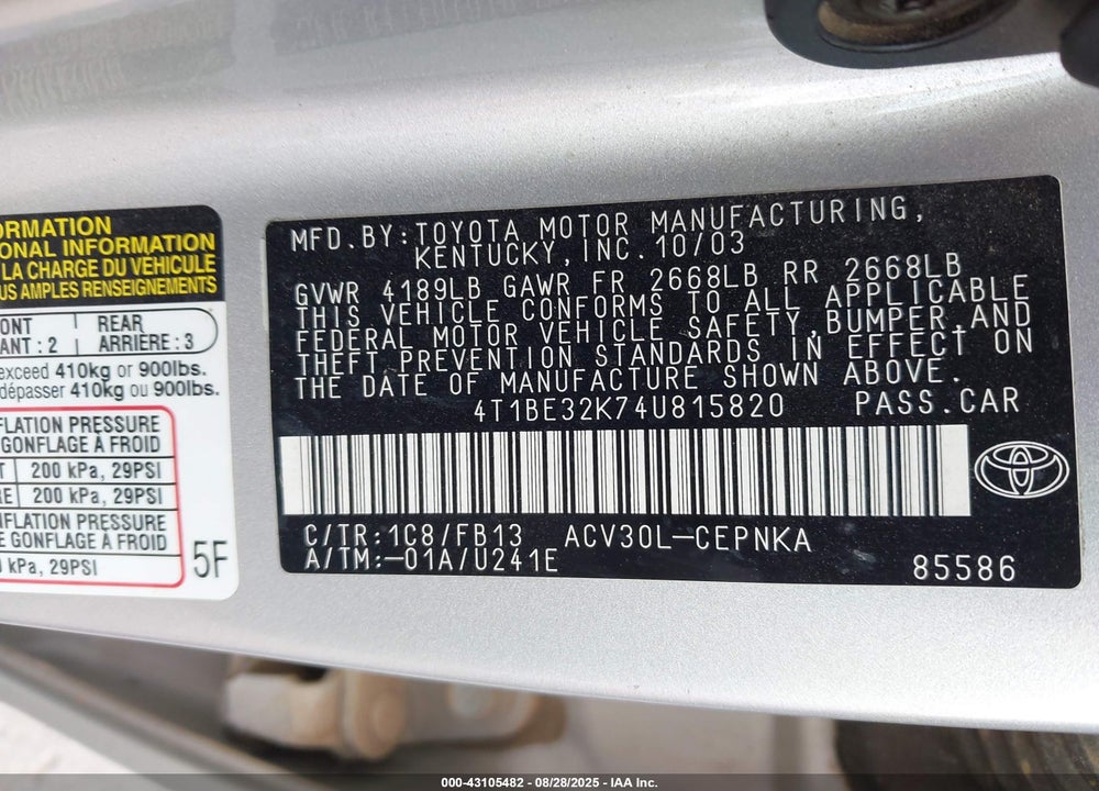 2004 TOYOTA CAMRY LE VIN: 4T1BE32K74U815820
