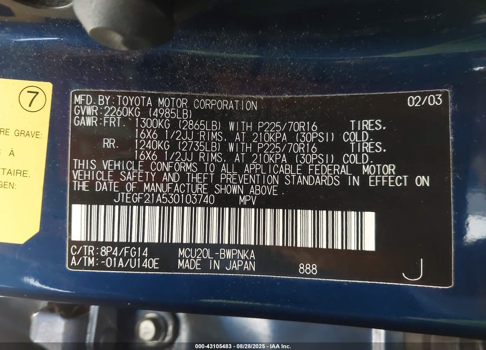 2003 TOYOTA HIGHLANDER V6 VIN: JTEGF21A530103740