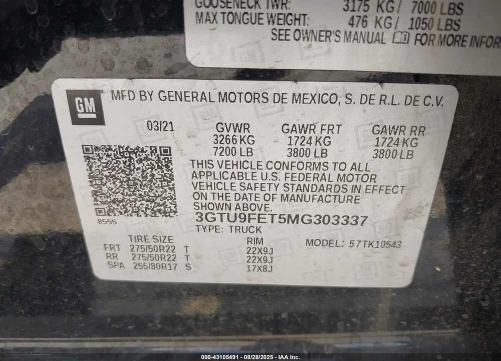 2021 GMC SIERRA 1500 VIN: 3GTU9FET5MG303337