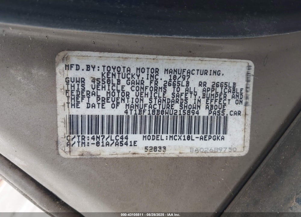 1998 TOYOTA AVALON XLS VIN: 4T1BF18B0WU215894